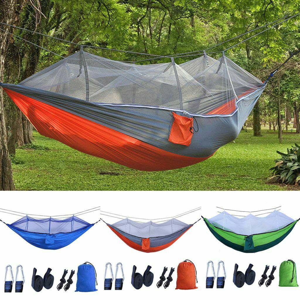 Double Camping Hammock with Mosquito Net Nylon Tent Hanging Bed Outdoor w/ Strap